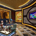 Luxurious KTV Lounge Interior With Blue Sofas Coffee Tables TV And Decorative Paintings