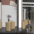 Modern Exhibition Hall Interior With Display Cabinets Decorative Paintings And Wooden Podiums