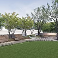 Scenic Park Landscape With Tall Leafy Trees Lush Green Grass Curved Paved Pathway And Benches