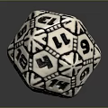 Black And White Polyhedral Dice With Geometric Patterns And Numbered Faces