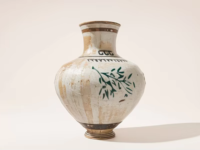 White Ceramic Vase With Green Leaf Pattern And Distressed Vintage Design 3d model