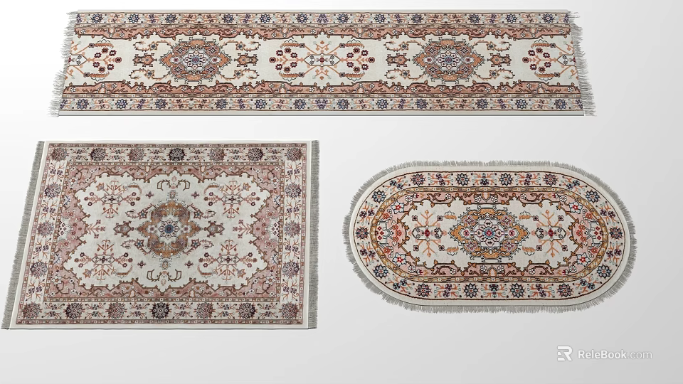 Traditional Pattern Round Rug With Fringe Edges And Multicolor Design Showcasing Square Rectangular Styles 3d model