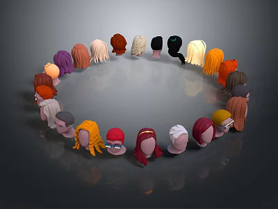 Game And Movie Character Heads With Various Hairstyles And Different Colors In Circular Arrangement 3d model