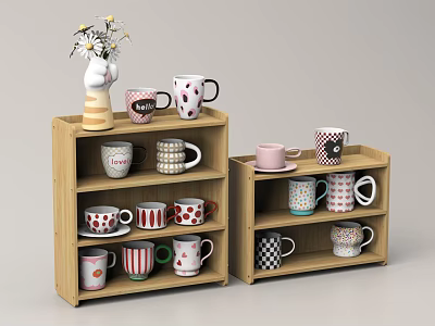 Tableware Set Displayed on Wooden Shelves with Various Patterned Mugs and Flower Vase 3d model