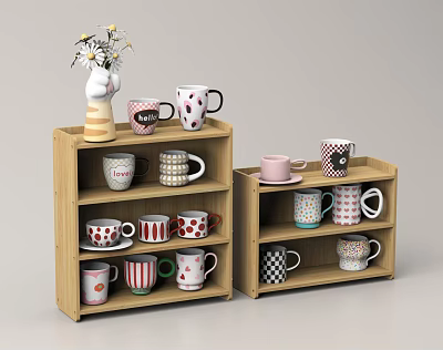 Tableware Set Displayed on Wooden Shelves with Various Patterned Mugs and Flower Vase 3d model