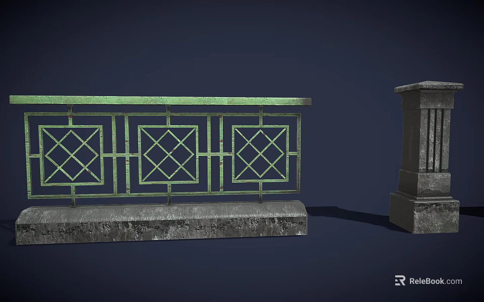 Green Railing With Diamond Pattern Decorative Stone Base And Stone Pillar Design Structure 3d model 