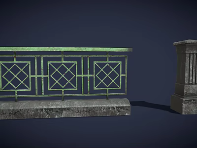 Green Railing With Diamond Pattern Decorative Stone Base And Stone Pillar Design Structure 3d model