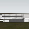 Modern Sales Office Building With Transparent Glass Sloped Roof Green Lawn And Water Feature
