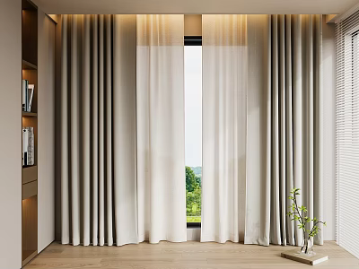 Modern Beige And Light Gray Curtains With Green Outdoor View Window Wooden Floor Interior 3d model