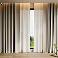 Modern Beige And Light Gray Curtains With Green Outdoor View Window Wooden Floor Interior