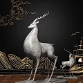 Silver Deer Sculptures With Golden Cloud And Wave Patterns On Black Background 3d model