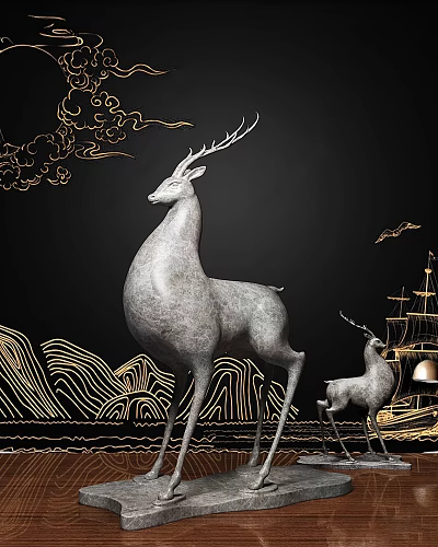 Silver Deer Sculptures With Golden Cloud And Wave Patterns On Black Background 3d model