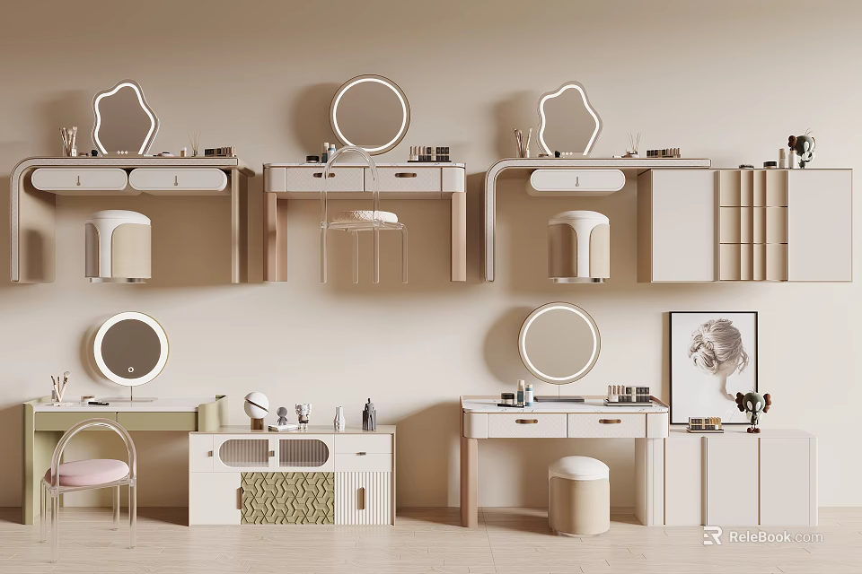 Stylish Modern Dressing Table Design With Round Mirrors Drawers And Stools 3d model