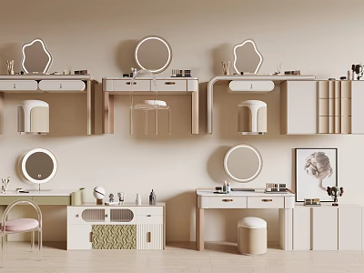 Stylish Modern Dressing Table Design With Round Mirrors Drawers And Stools 3d model