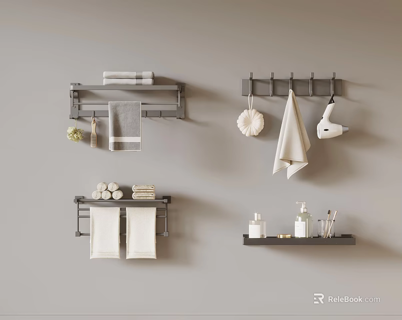 Modern Bathroom Wall Towel Racks With White Hanging Towels And Toiletries 3d model 