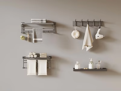 Modern Bathroom Wall Towel Racks With White Hanging Towels And Toiletries 3d model