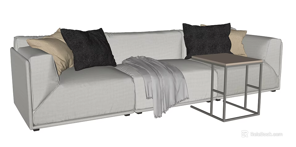 Modern Sectional Sofa with Black Beige Throw Pillows Gray Blanket and Side Table 3d model
