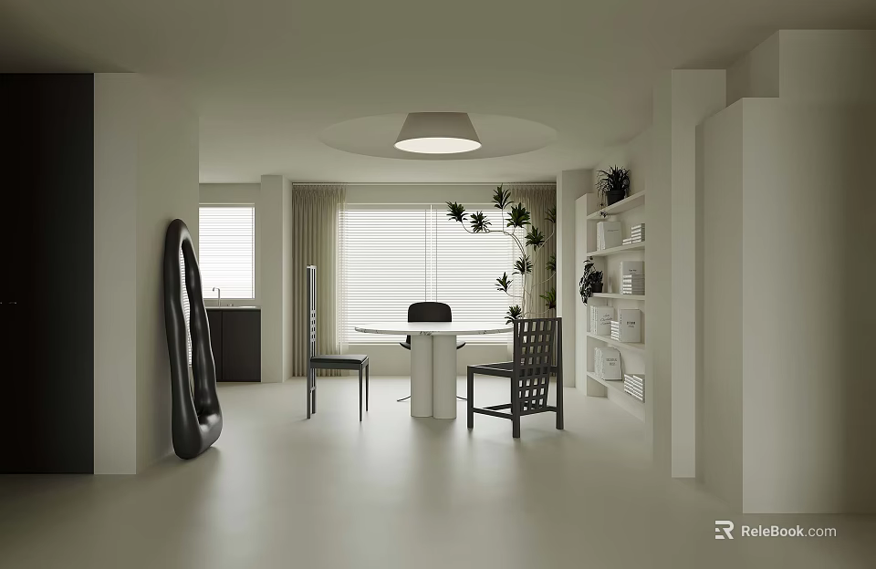 Light Tone Minimalist Dining Room With Stylish Chairs Indoor Plants And Soft Natural Lighting 3d model 