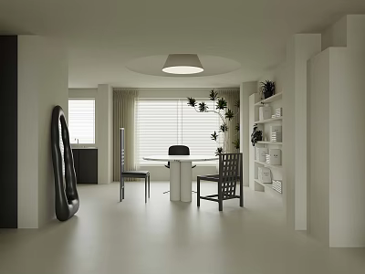Light Tone Minimalist Dining Room With Stylish Chairs Indoor Plants And Soft Natural Lighting 3d model