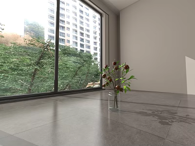 Spacious Exhibition Hall Cultural Wall With Large Windows Green Trees And Gray Tile Floor 3d model