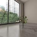 Spacious Exhibition Hall Cultural Wall With Large Windows Green Trees And Gray Tile Floor