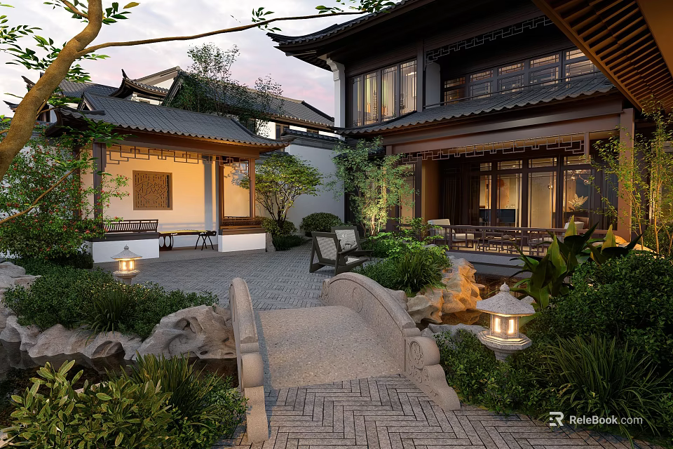 Chinese Garden Landscape With Traditional Architecture Stone Bridge Green Plants And Lanterns 3d model 