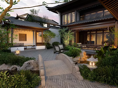 Chinese Garden Landscape With Traditional Architecture Stone Bridge Green Plants And Lanterns 3d model