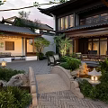 Chinese Garden Landscape With Traditional Architecture Stone Bridge Green Plants And Lanterns
