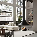 Modern Open Concept Living Dining Room Interior With Large Windows White Sofa And Black Fireplace