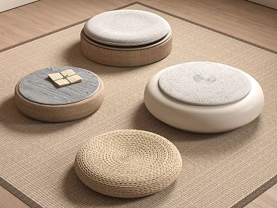 Round Indoor Cushions With Woven And Padded Designs On Beige Carpet 3d model