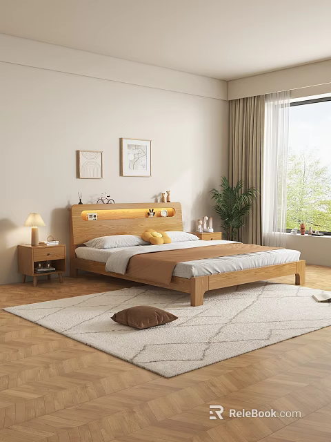 Modern Bedroom With Wooden Bed LED Headboard Nightstand Lamp Framed Paintings Light Rug Plant Curtains 3d model 