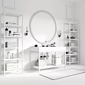 Elegant Modern Bathroom Vanity Design With Round Mirror Marble Countertop And Silver Shelves