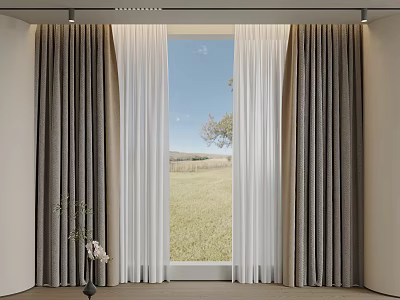 Double Layer Dark Gray And White Sheer Curtains In Natural Light With Green Field View 3d model