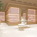 Modern Elegant Boutique Interior With Pink Shelves Gold Decor White Floor And Green Plant