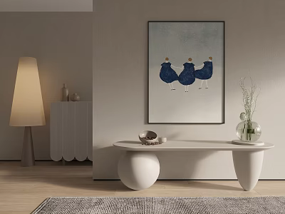Modern Interior Design With Blue Bird Painting White Bench Floor Lamp And Vase 3d model