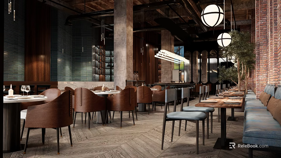 Modern Industrial Style Restaurant Interior With Wooden Tables Metal Chairs And Pendant Lights 3d model 