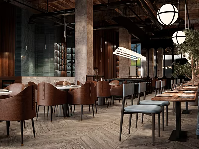 Modern Industrial Style Restaurant Interior With Wooden Tables Metal Chairs And Pendant Lights 3d model
