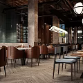 Modern Industrial Style Restaurant Interior With Wooden Tables Metal Chairs And Pendant Lights
