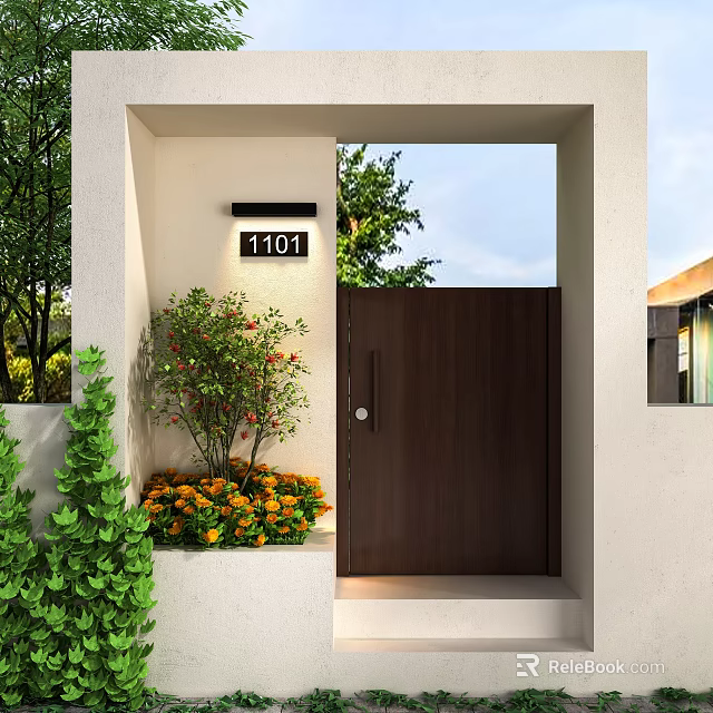 Modern Wooden Entrance Gate With 1101 House Number White Wall Green Plants And Flower Bed 3d model 