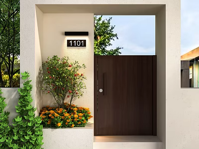 Modern Wooden Entrance Gate With 1101 House Number White Wall Green Plants And Flower Bed 3d model