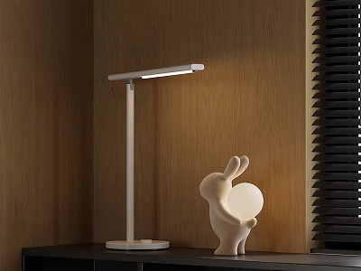 White Illuminated Table Lamp On Wooden Table With Rabbit Shaped Decor And Blinds 3d model