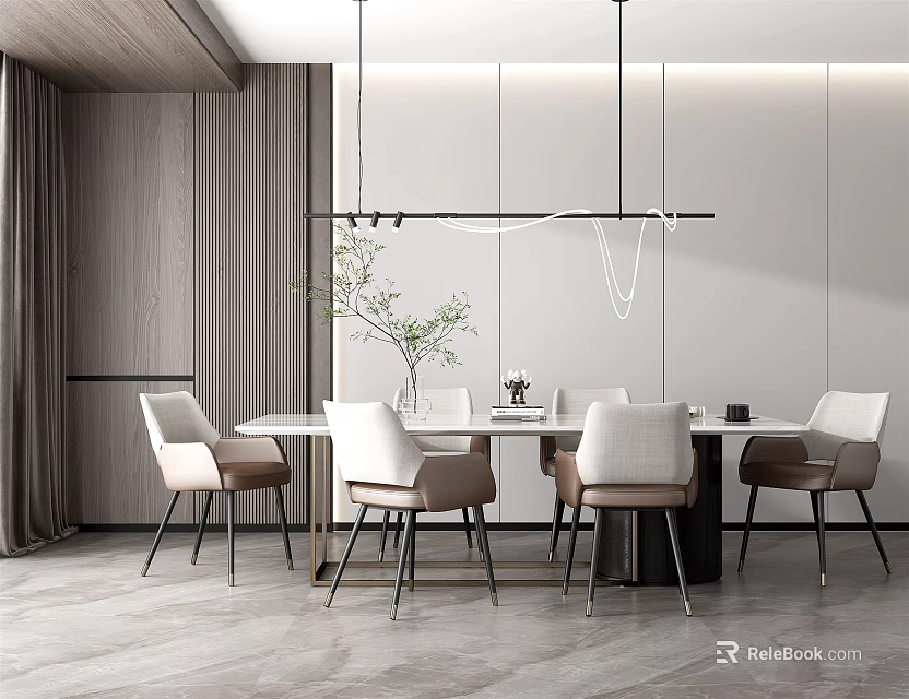 Modern Open Restaurant Interior With Dining Table Chairs Pendant Lights And Green Plant 3d model 