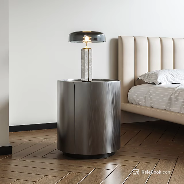Modern Bedside Table with Brushed Metal Finish and Table Lamp Next to Upholstered Bed 3d model 