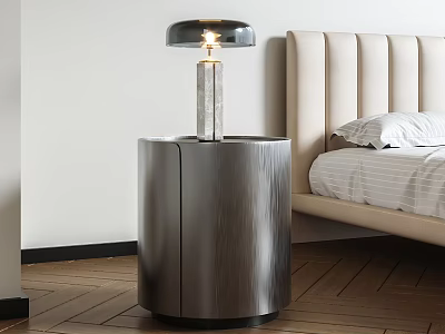 Modern Bedside Table with Brushed Metal Finish and Table Lamp Next to Upholstered Bed 3d model