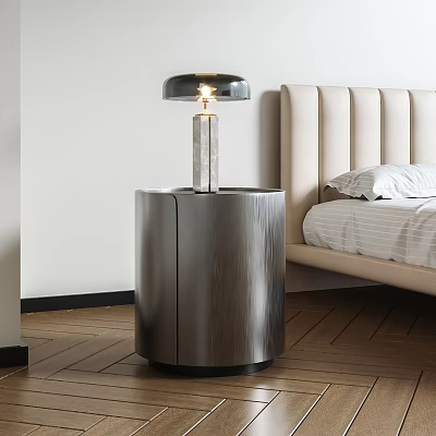 Modern Bedside Table with Brushed Metal Finish and Table Lamp Next to Upholstered Bed 3d model