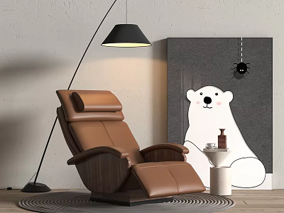 Comfortable Brown Leather Massage Chair With Floor Lamp And Polar Bear Wall Painting 3d model
