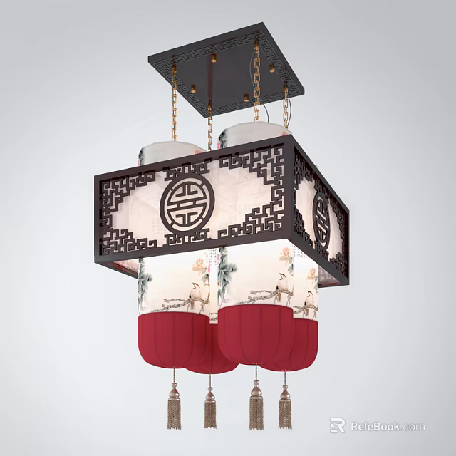 Chinese Style Chandelier With Black Frame White Lampshade And Red Pendant Tassels 3d model 