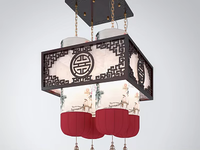 Chinese Style Chandelier With Black Frame White Lampshade And Red Pendant Tassels 3d model