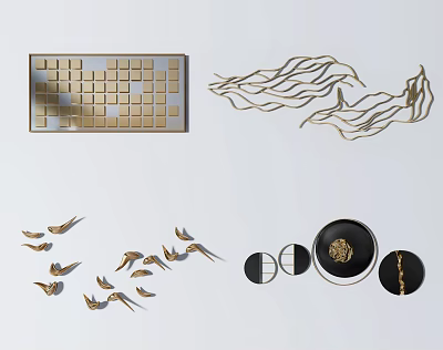 Modern Elegant Wall Decor With Gold Geometric Squares Wavy Lines Bird Shapes And Circular Accents 3d model