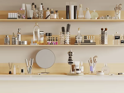 Elegant Perfumes And Cosmetics Display On Wooden Shelves With Bottles Brushes And Mirrors 3d model
